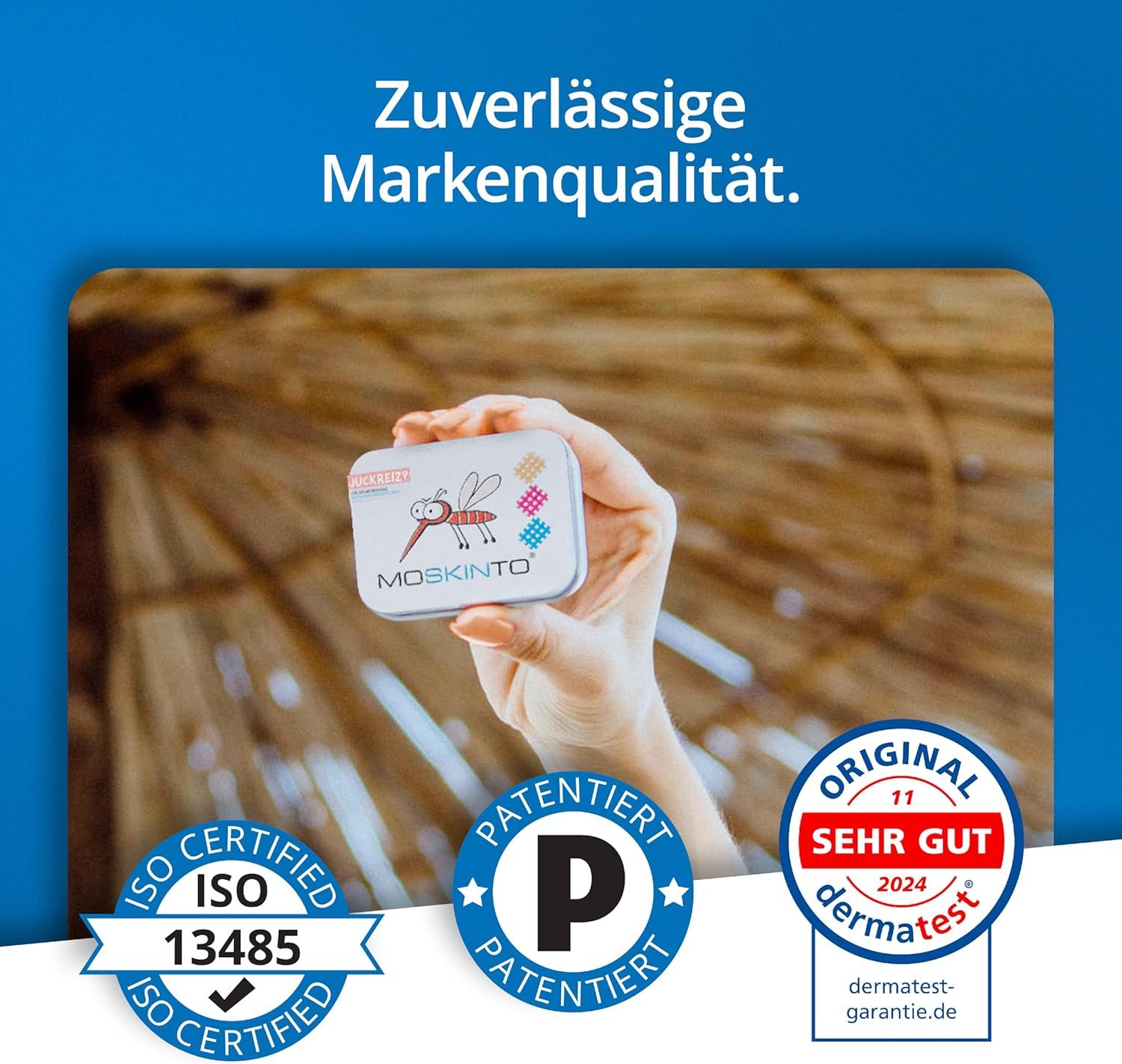Scatola MOSKINTO in mano. Certificazione ISO, sigillo di brevetto, sigillo Dermatest. Scritta: Qualità del marchio affidabile.
