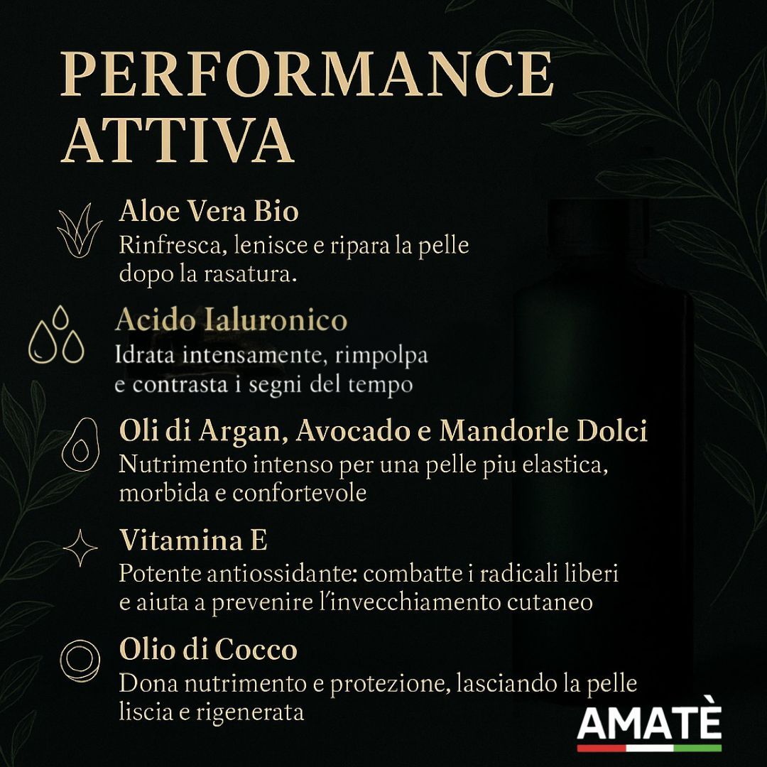 Testo sugli ingredienti: Aloe Vera Bio, Acido Ialuronico, Oli di Argan, Avocado e Mandorle Dolci, Vitamina E, Olio di Cocco. Logo: AMATÈ.