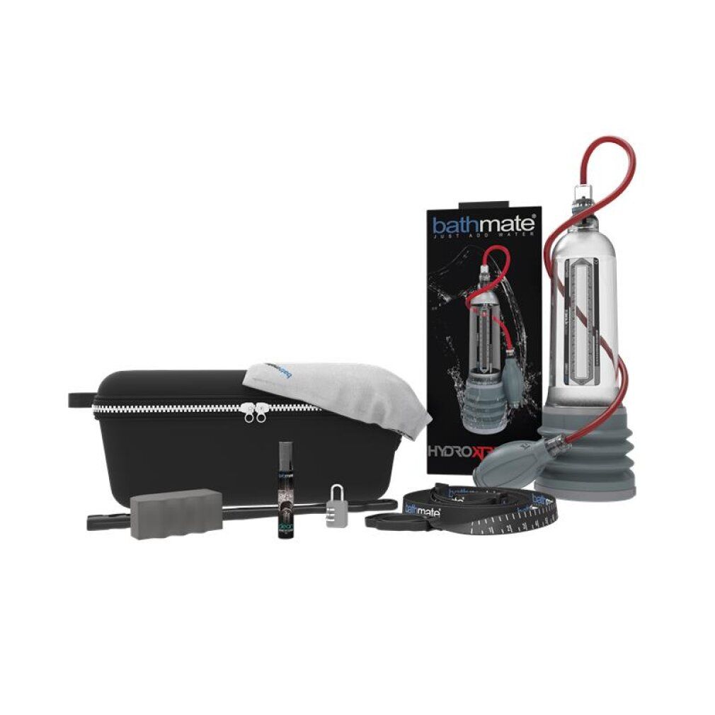 Set Bathmate HydroXtreme11 Clear con custodia. Cilindro, pompa, spazzola, metro, olio e lucchetto.