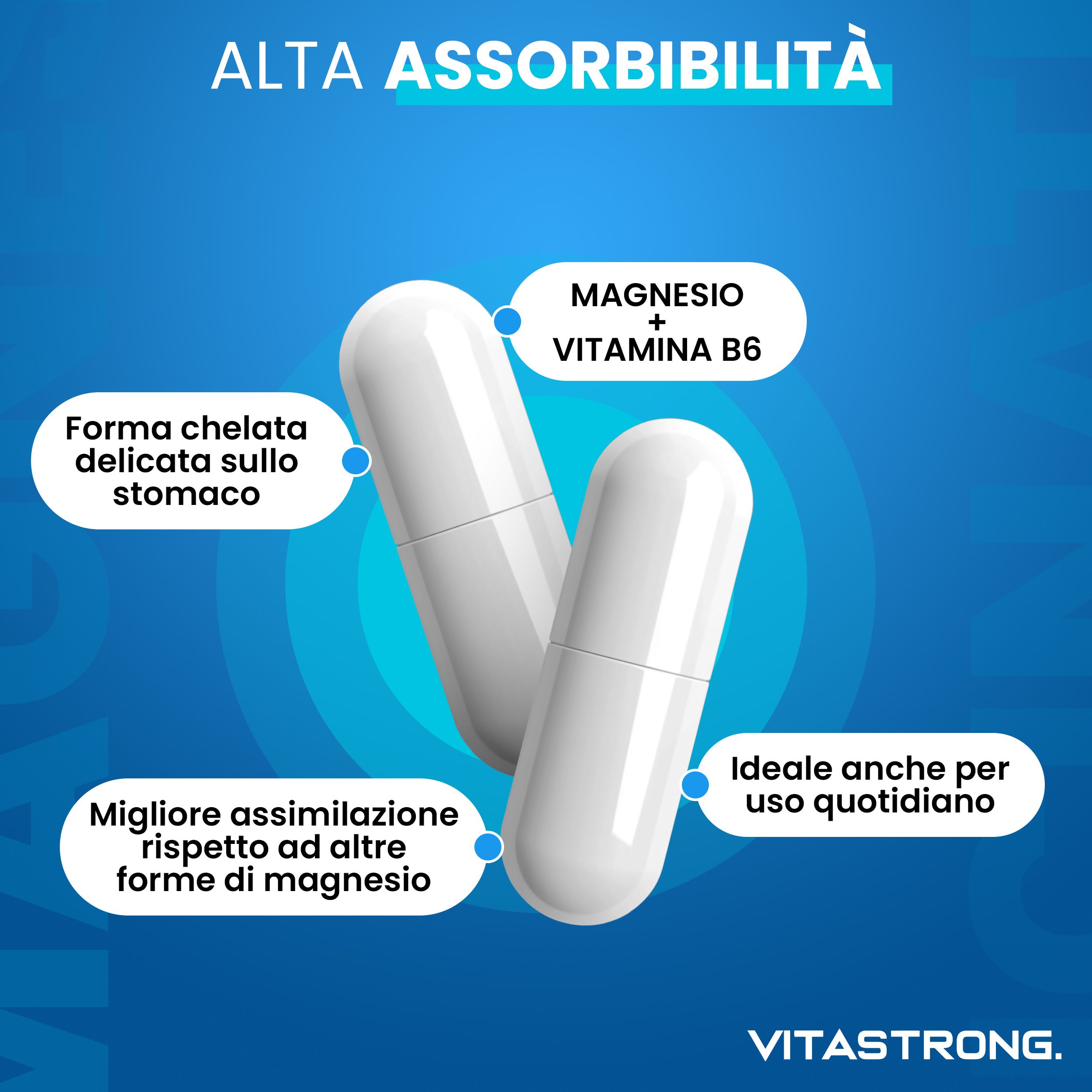 Due capsule bianche. Testo: Magnesio + Vitamina B6. Chelato, delicato sullo stomaco. Migliore assimilazione.