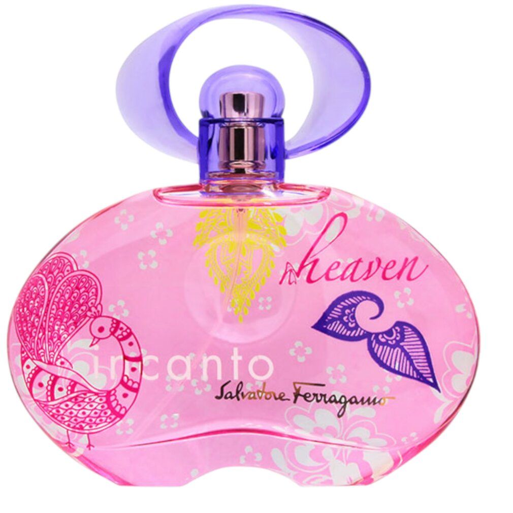 Flacone rosa con tappo viola. Scritta "incanto heaven" e "Salvatore Ferragamo". Design decorativo con pavone e foglie.