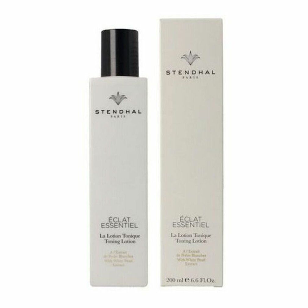 Flacone bianco e confezione. Scritta: Stendhal Paris, Éclat Essentiel, La Lotion Tonique Toning Lotion. 200 ml.