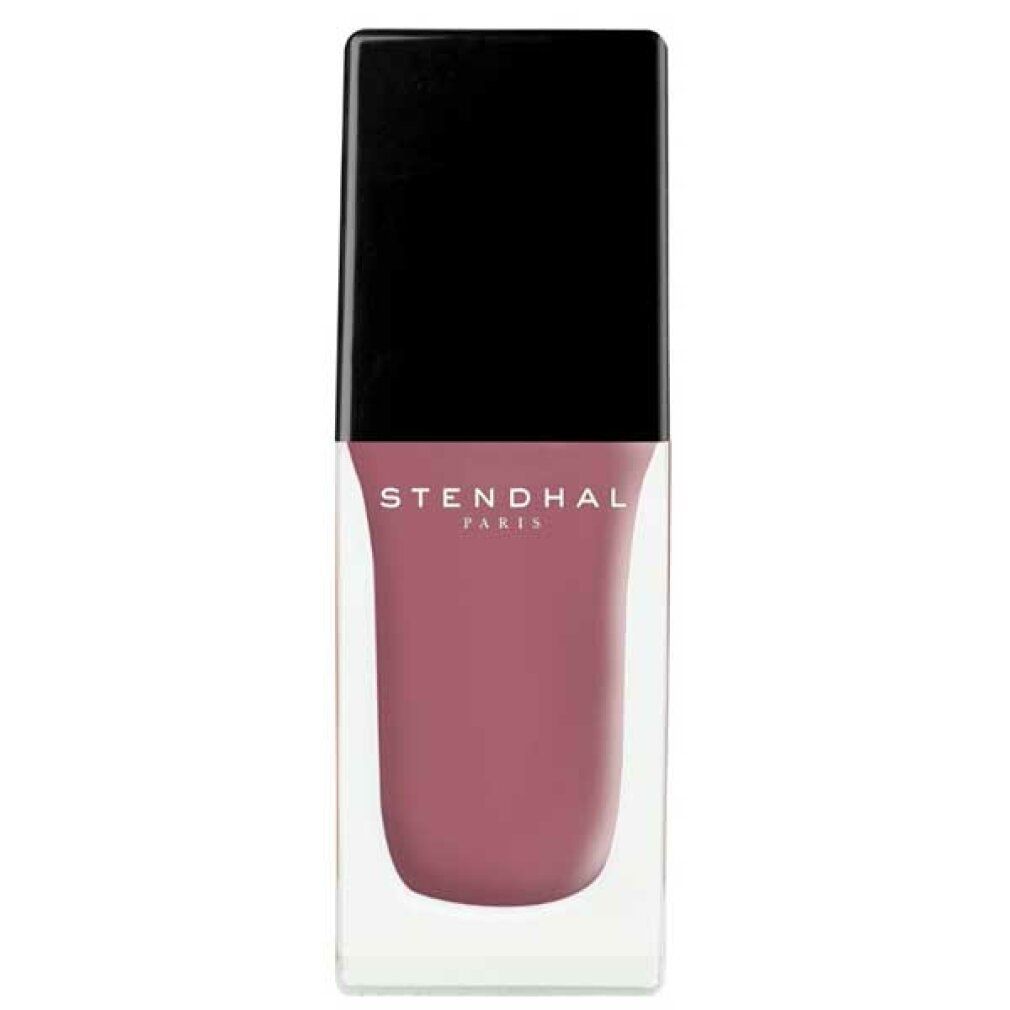 Flacone di smalto con tappo nero. Contenuto rosa, flacone in vetro trasparente. Scritta Stendhal Paris.
