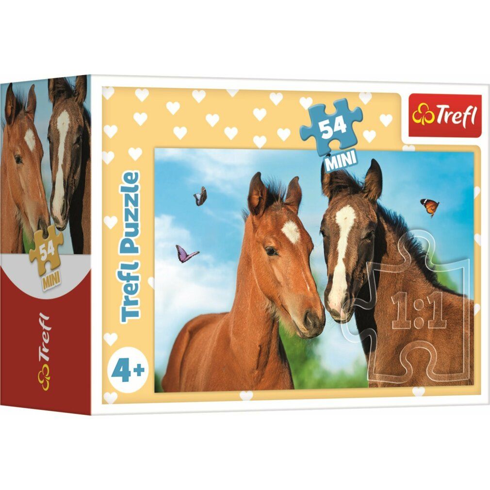 Scatola del puzzle Trefl con motivo puledri. 54 pezzi, età consigliata 4+. Vista laterale della scatola.