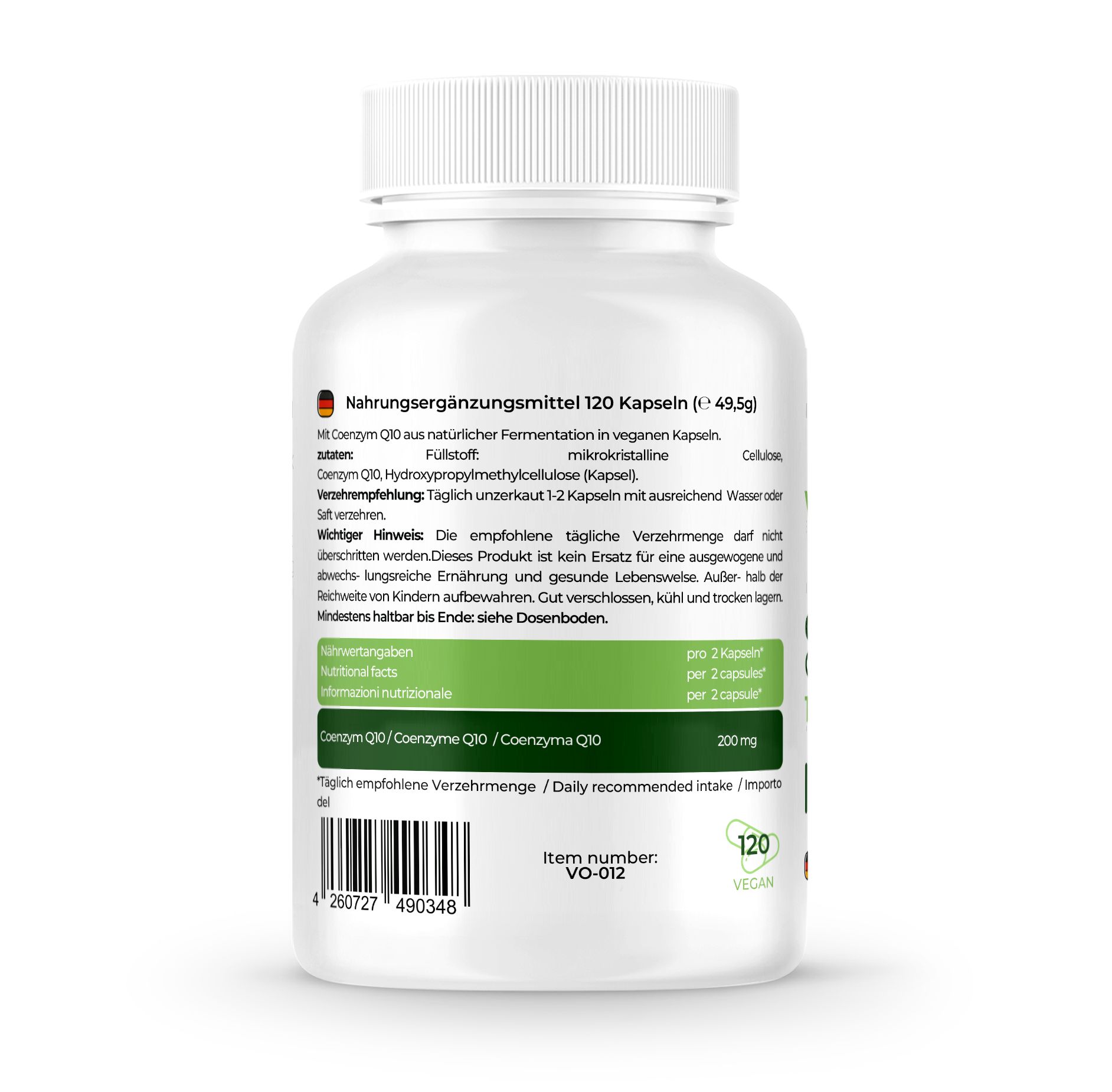 Retro del flacone bianco. Testo: Integratore alimentare. 120 capsule. Ingredienti, raccomandazioni, informazioni importanti.