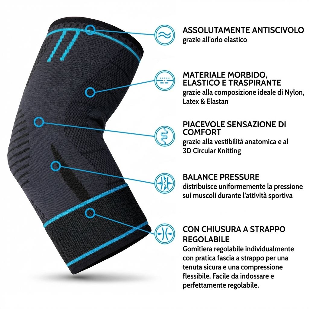 Tutore per gomito grigio-nero con accenti blu. Forma anatomica, chiusura in velcro. Materiale: nylon, lattice, elastan. Per lo sport.