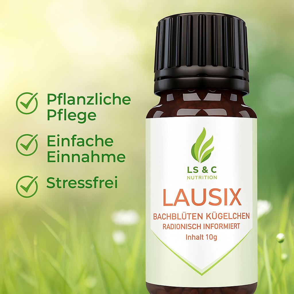 Flacone LAUSIX con etichetta. A sinistra, cerchi verdi con segni di spunta e testo: Cura vegetale, Assunzione facile, Senza stress. Sfondo: prato verde.