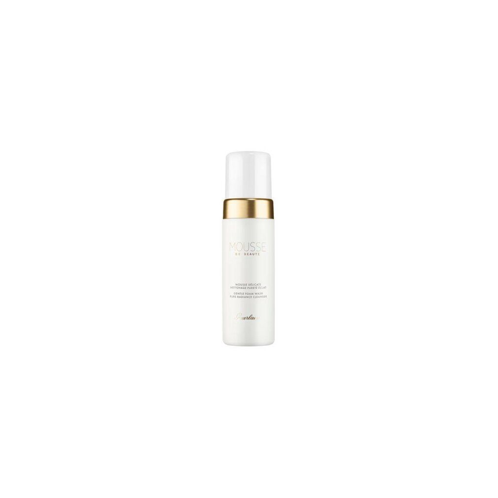 Flacone bianco con anello e tappo dorati. Scritta MOUSSE DE BEAUTE. Scritta: Gentle Foam Wash Pure Radiance Cleanser. Logo Guerlain.