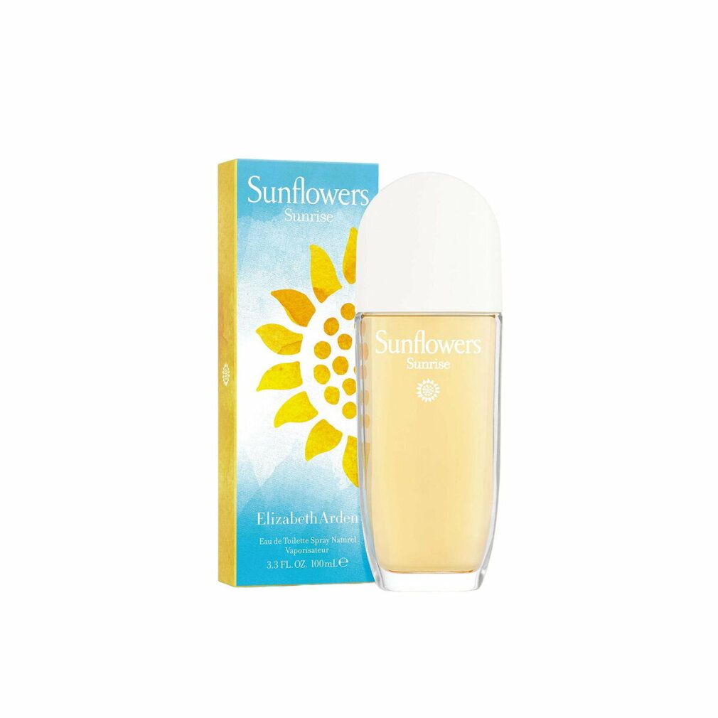 Flacone e scatola Elizabeth Arden Sunflower Sunrise. Flacone con tappo bianco, liquido giallo. Scatola con motivo girasole.