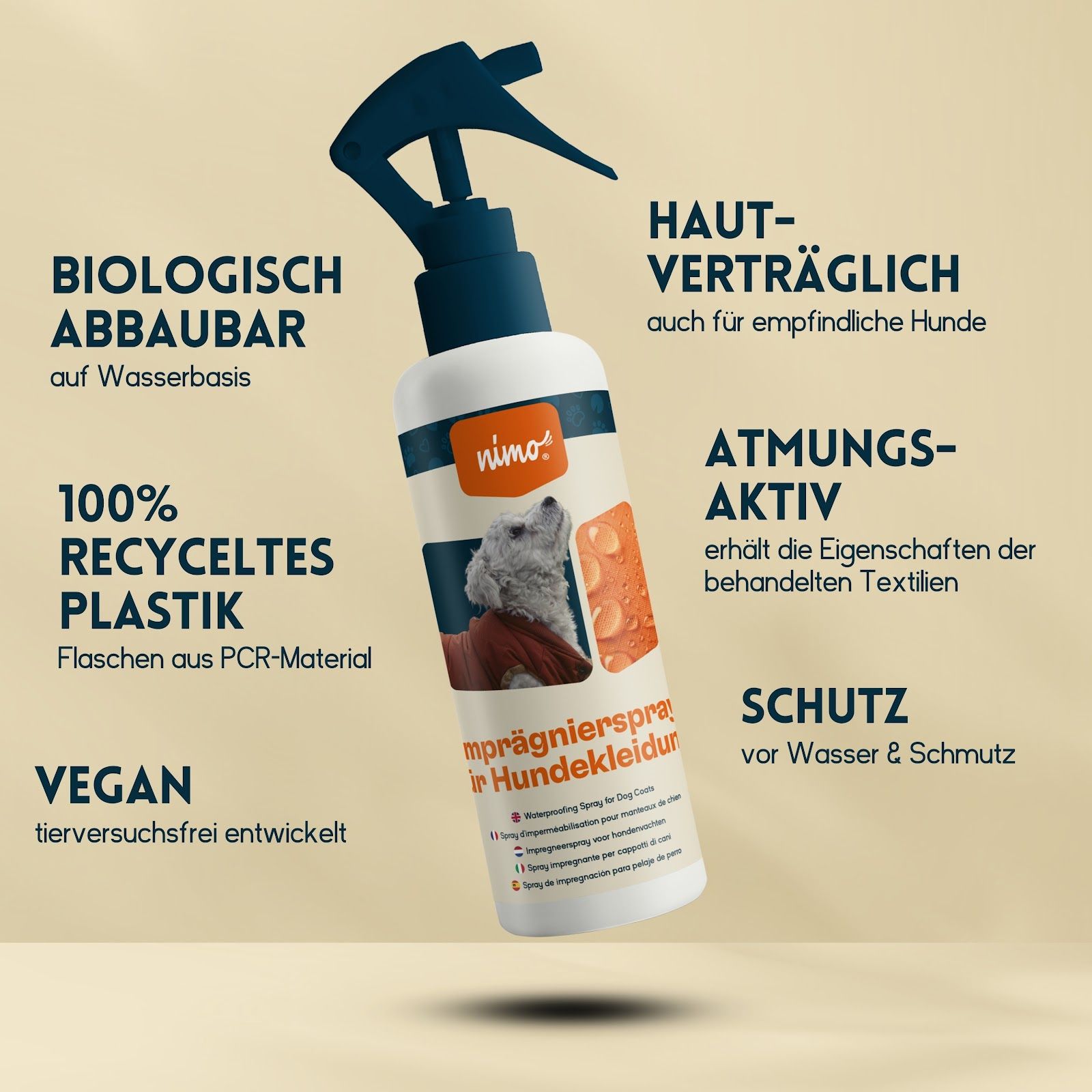 Flacone spray con testo: nimo Imprägnierspray für Hundebekleidung. Testo: Biodegradabile, plastica riciclata al 100%, vegano. Delicato sulla pelle, traspirante, protezione.