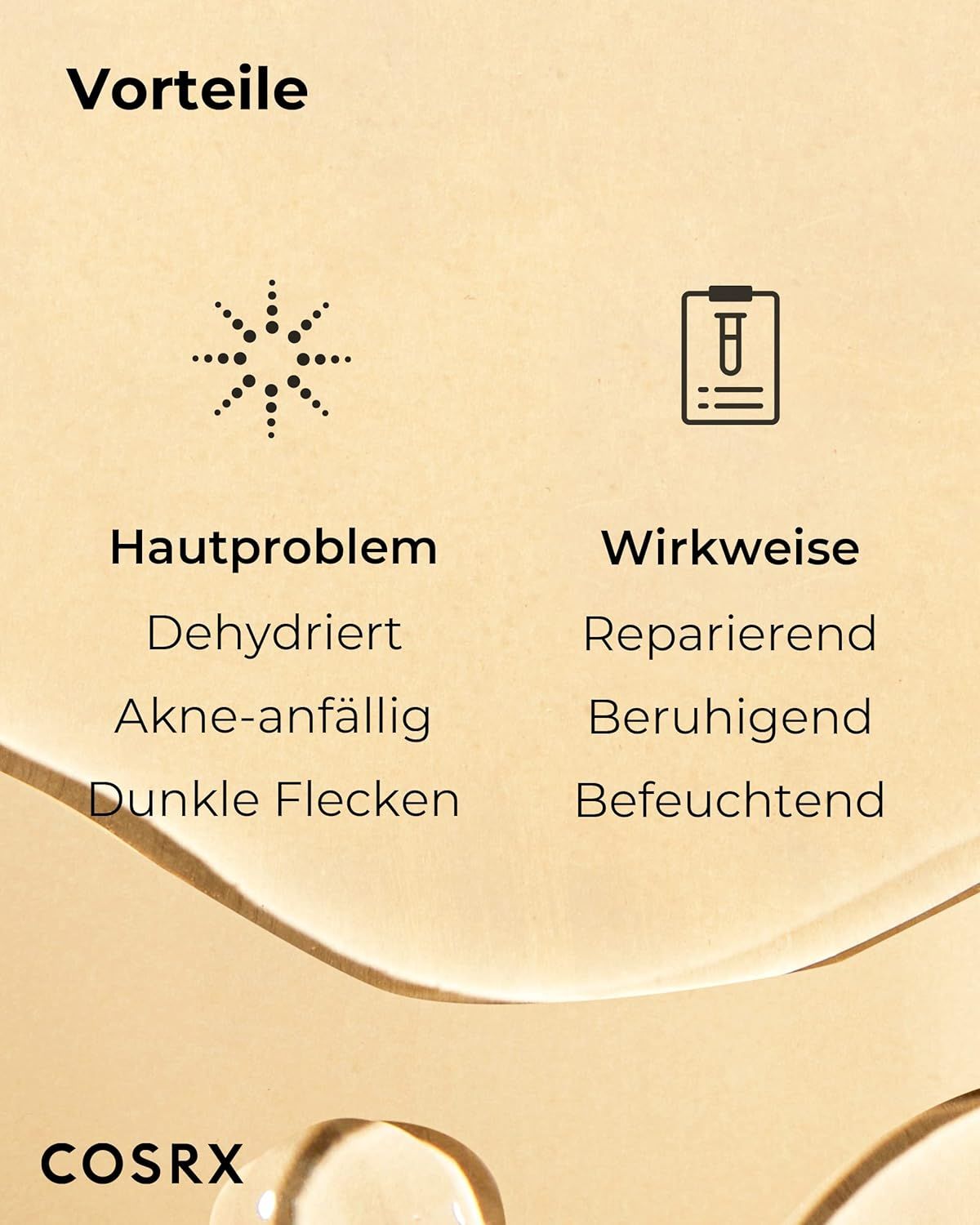 Testo: Problema pelle: disidratazione, acne, macchie. Effetti: riparatore, lenitivo, idratante. COSRX.