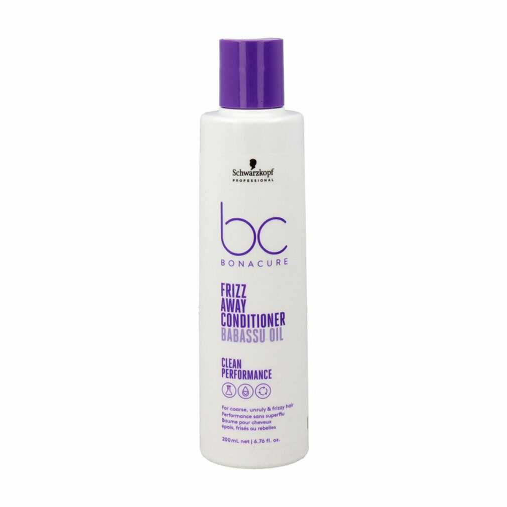 Flacone bianco con tappo viola. Scritta: Schwarzkopf Professional, bc bonacure, Frizz Away Conditioner Babassu Oil.