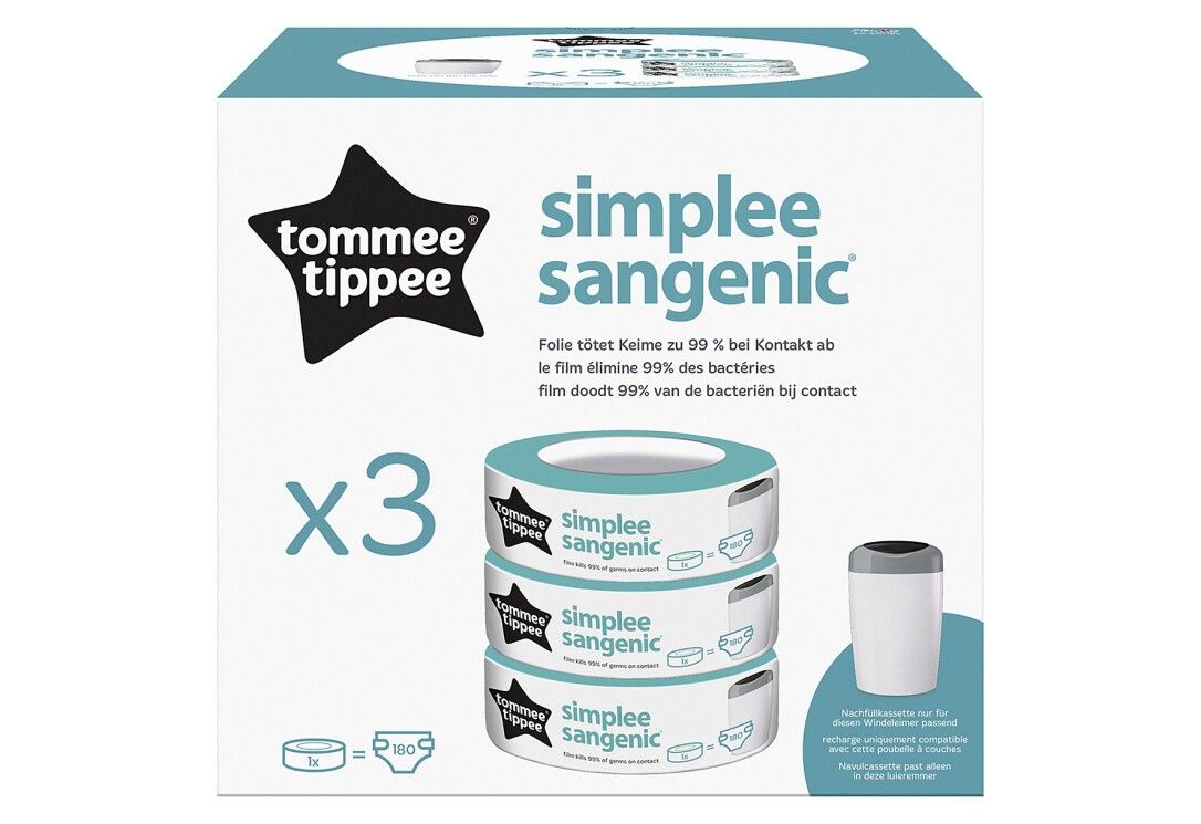 Confezione con tre ricariche. Marchio Tommee Tippee, Simplee Sangenic. Testo: La pellicola elimina il 99% dei batteri al contatto.