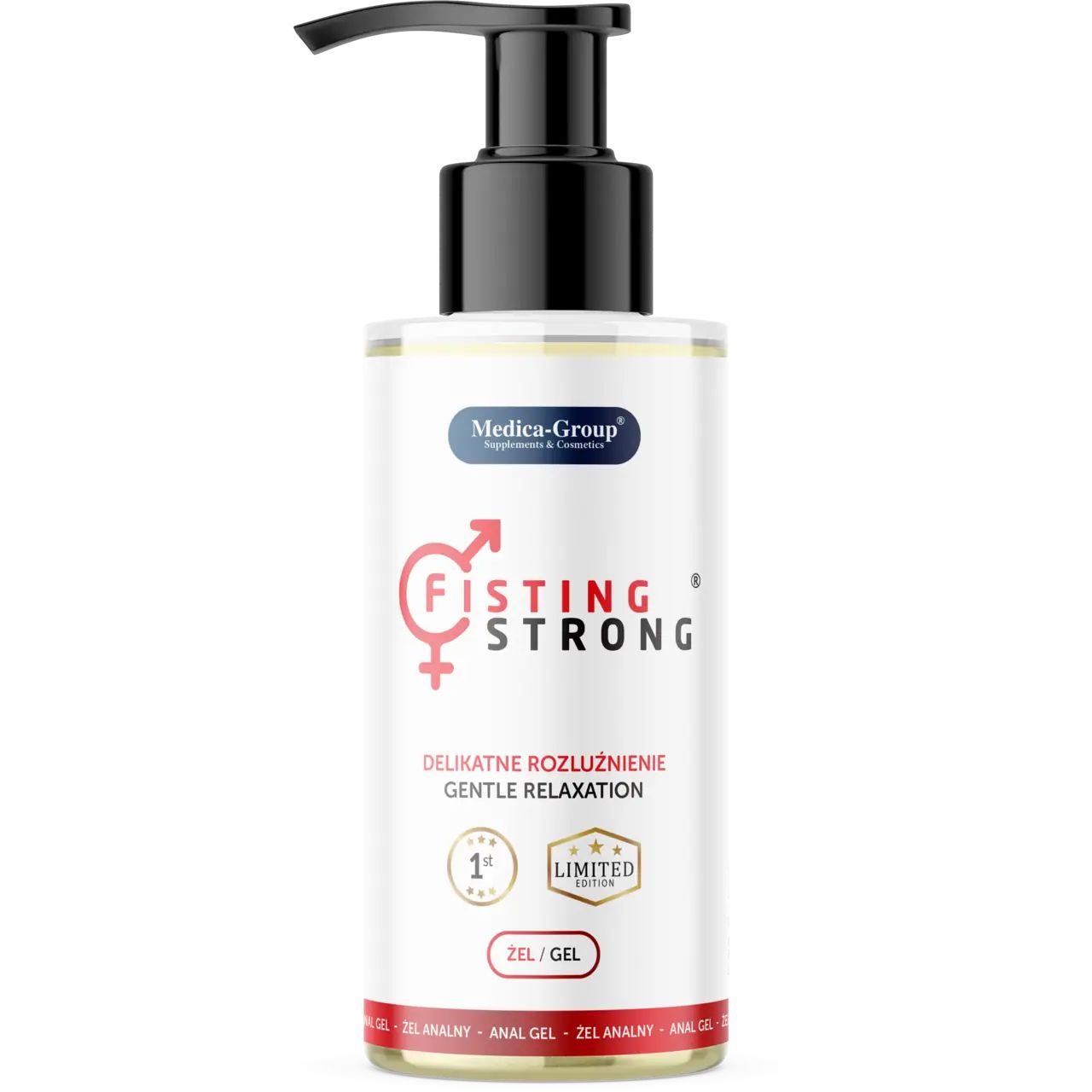 Flacone di gel con dosatore nero. Scritta: FISTING STRONG, DELIKATNE ROZLUŹNIENIE, GENTLE RELAXATION, ZEL/GEL, ANAL GEL.