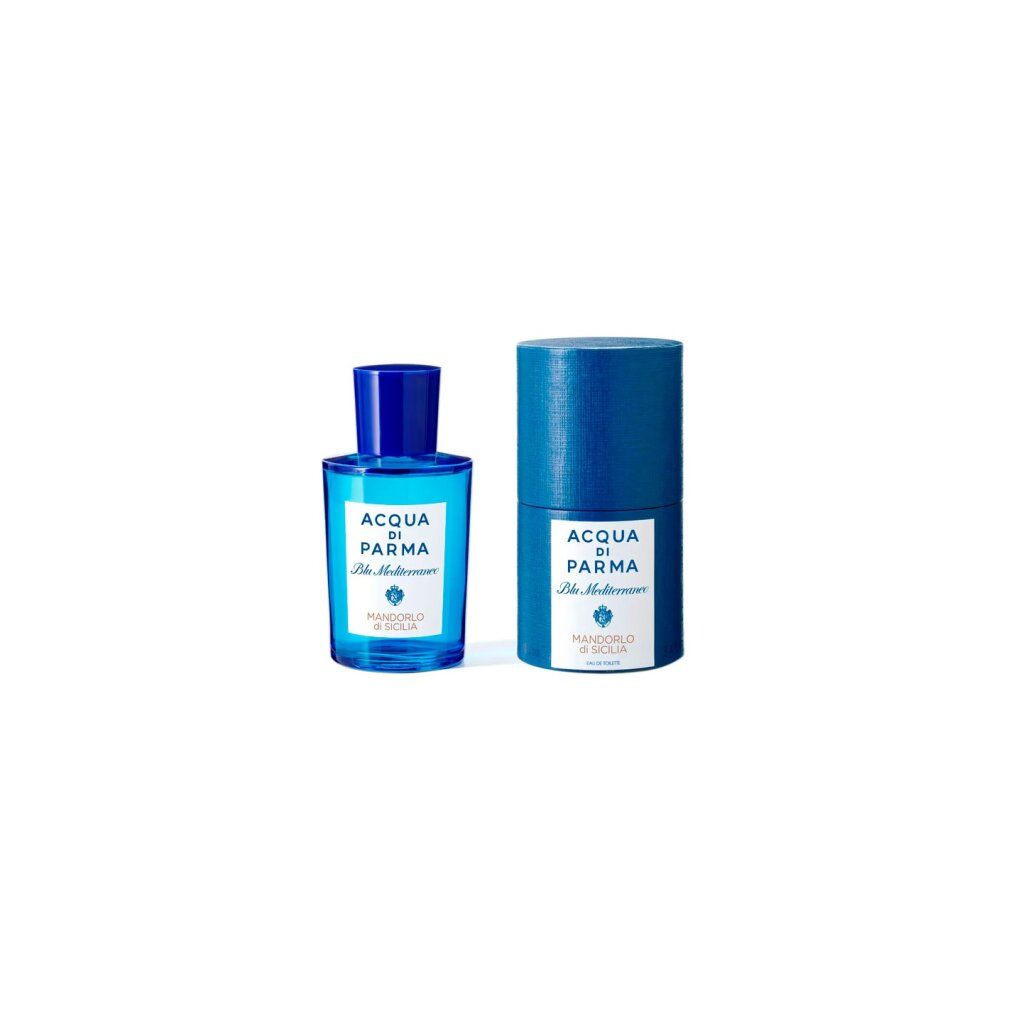 Flacone di profumo blu con tappo blu e confezione cilindrica. Scritta: ACQUA DI PARMA Blu Mediterraneo Mandorlo di Sicilia.