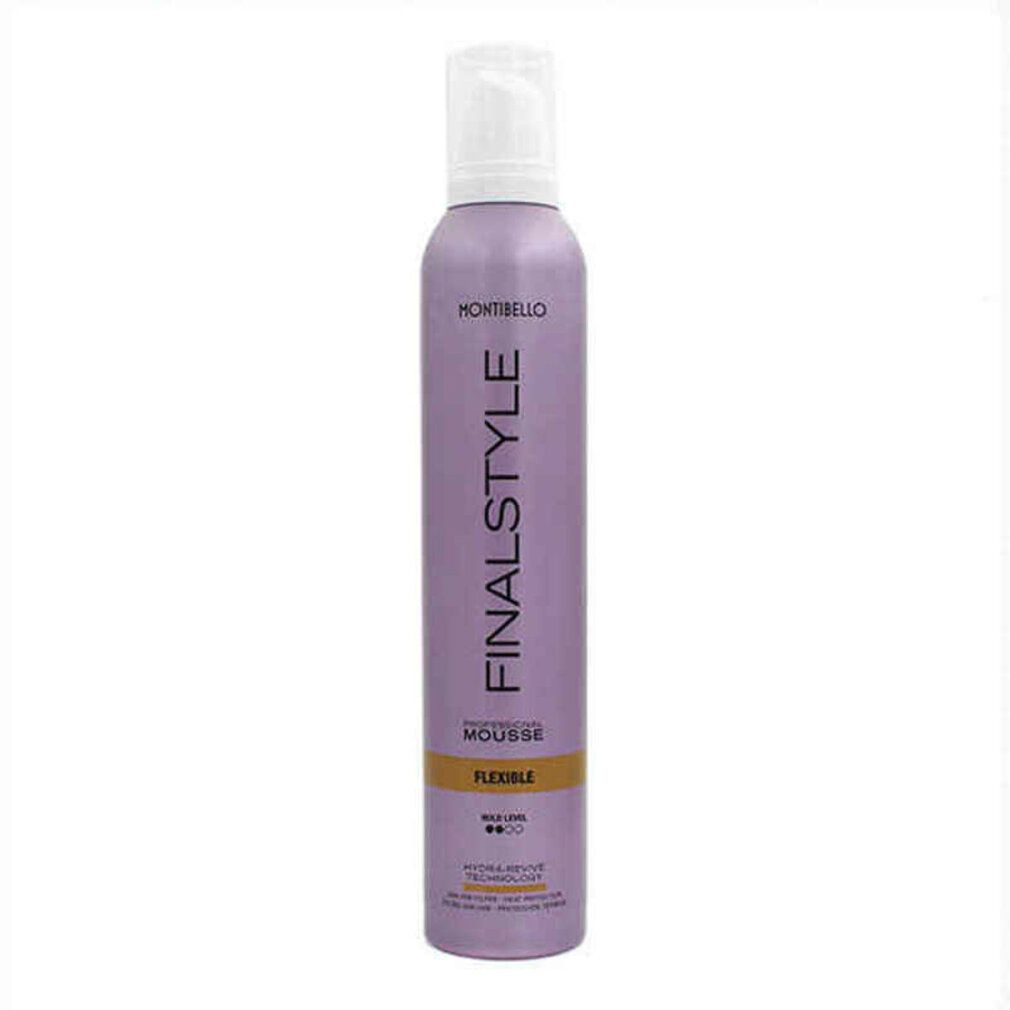 Flacone con erogatore spray. Scritta FINALSTYLE, MOUSSE, FLEXIBLE. Marchio Montibello. Prodotto viola.