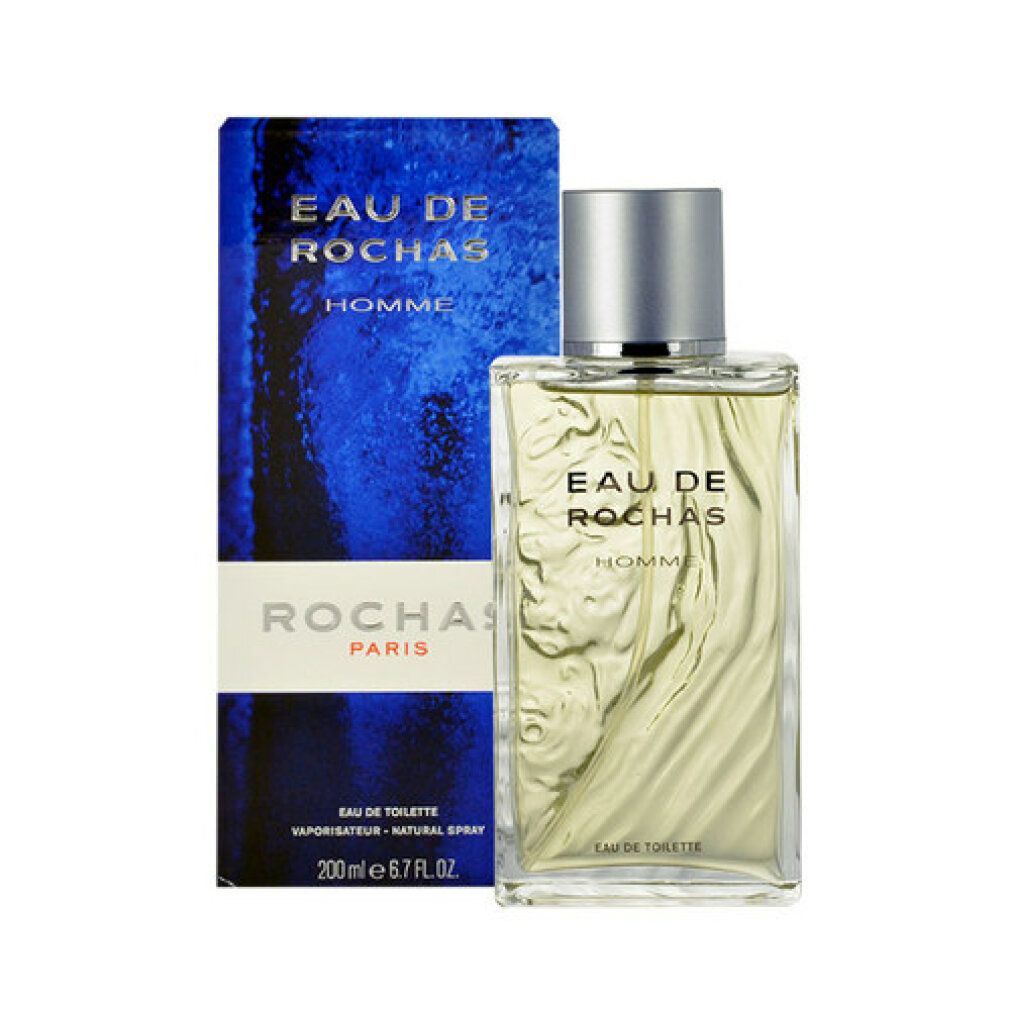 Flacone e confezione Eau de Rochas Homme. Flacone rettangolare, tappo argentato. Scatola blu con testo bianco.