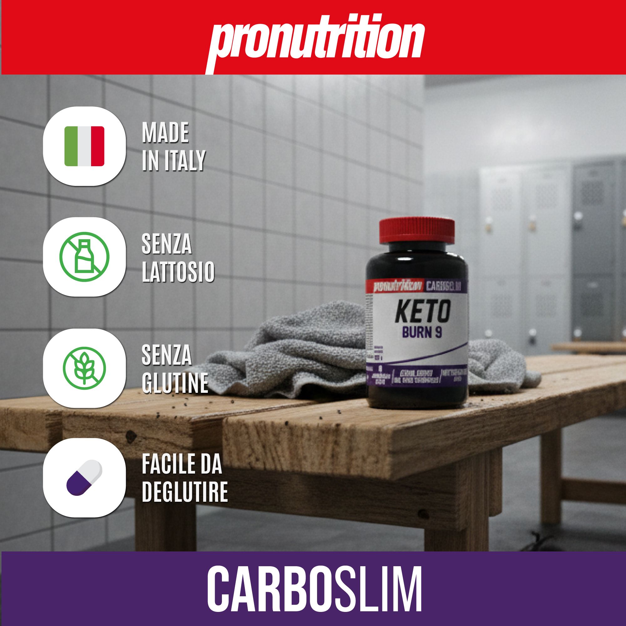 Flacone scuro con tappo rosso. Scritta Keto Burn 9. Su una panca di legno, accanto a un asciugamano. Marchio: Pronutrition.