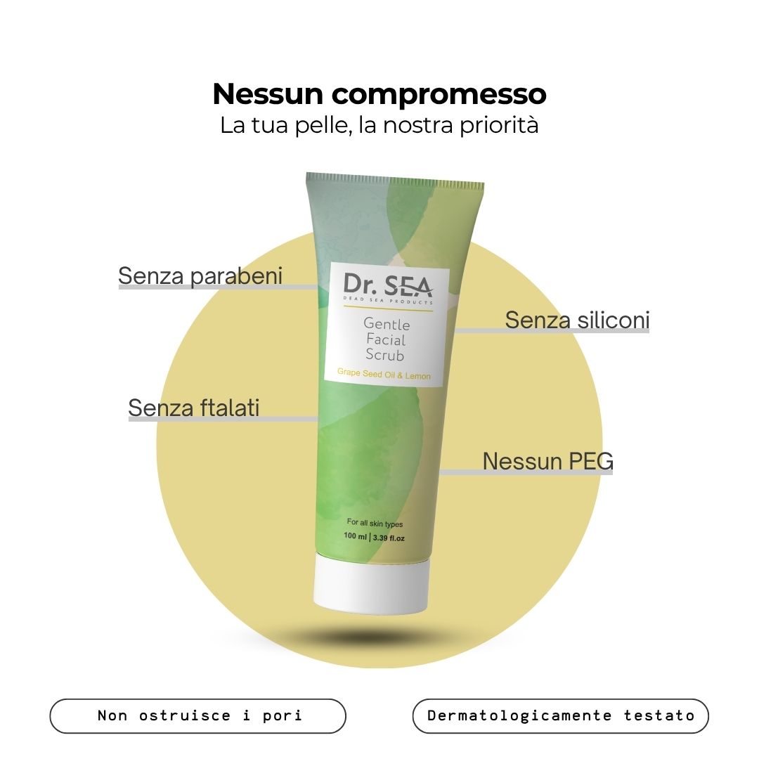 Tubo di scrub viso. Testo: Nessun compromesso. Senza parabeni, siliconi, ftalati, PEG. Dermatologicamente testato.