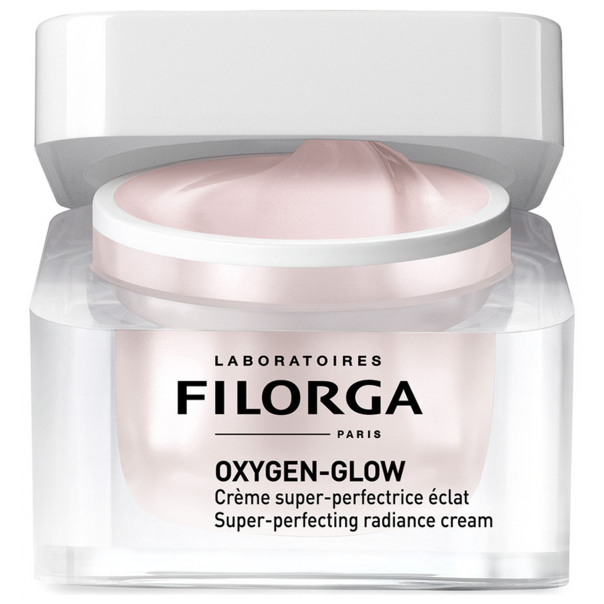 Filorga Oxygen-Glow Super-Perfecting Radiance Cream in un vasetto trasparente.