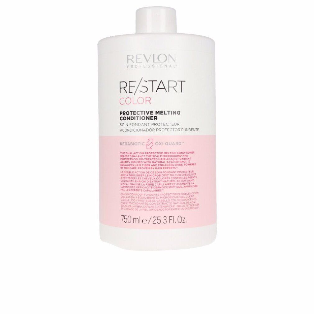 Flacone bianco con etichetta rosa. Scritta: RE/START COLOR Protective Melting Conditioner. 750 ml.