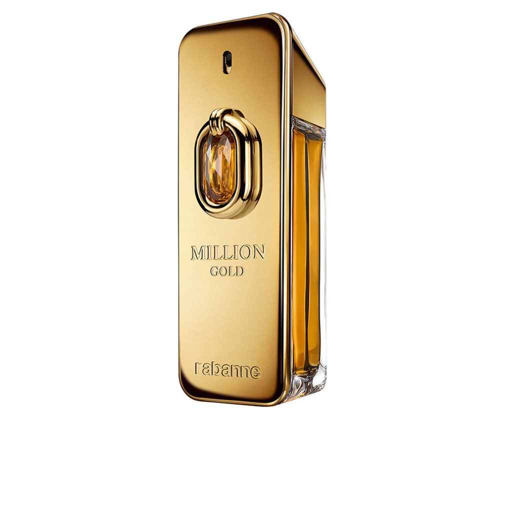 Flacone dorato con scritte "MILLION GOLD" e "rabanne", in diagonale.