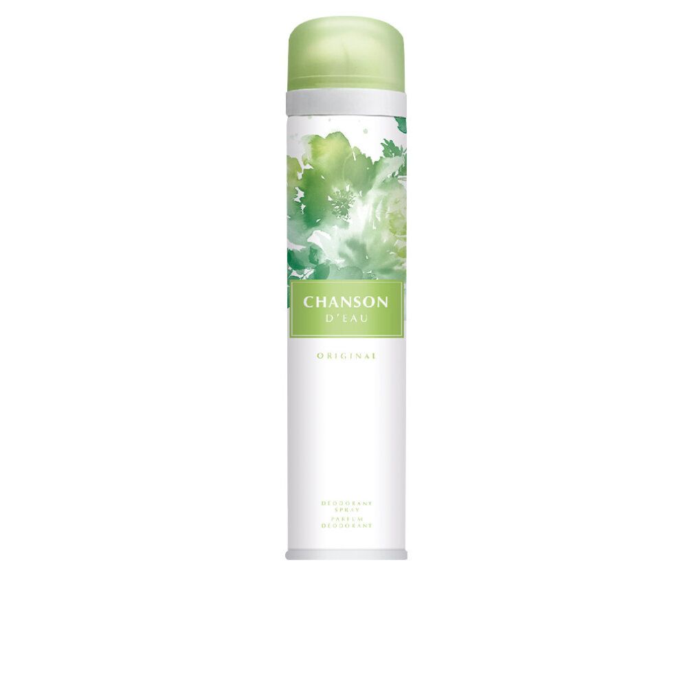 Bomboletta spray deodorante. Bianca, verde e con stampa floreale. Scritta: CHANSON D'EAU. Original. Deodorante, profumo, deodorante.