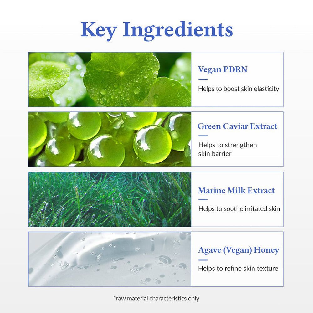 Grafico con ingredienti: Vegan PDRN, Estratto di caviale verde, Estratto di latte marino, Miele di agave (vegano).