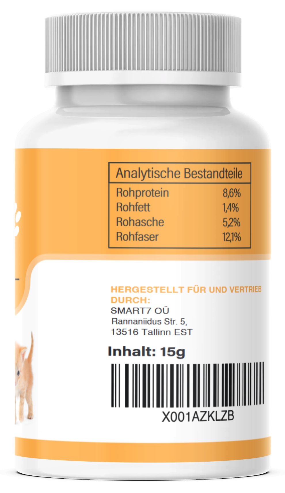 Retro di un flacone di pillole con etichetta gialla. Componenti analitici: proteine grezze, grassi grezzi, ceneri grezze, fibre grezze. Prodotto per SMART7 OÜ.