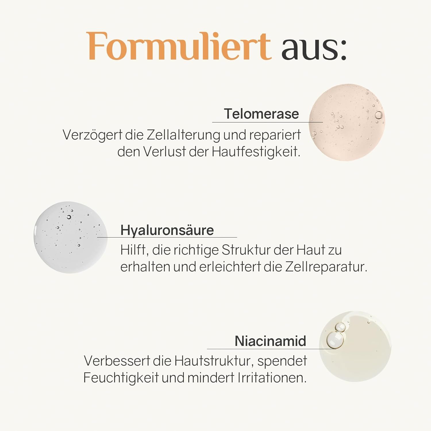 Primo piano di tre ingredienti: telomerasi, acido ialuronico e niacinamide. Il testo descrive gli ingredienti.