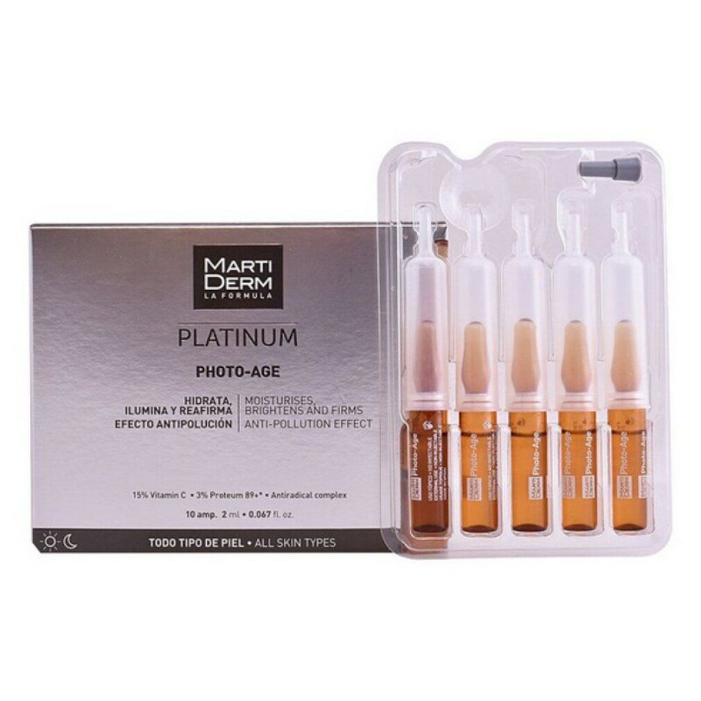 Confezione e blister di MartiDerm Platinum Photo-Age. Blister con 5 fiale. Testo: 'Platinum Photo-Age'.