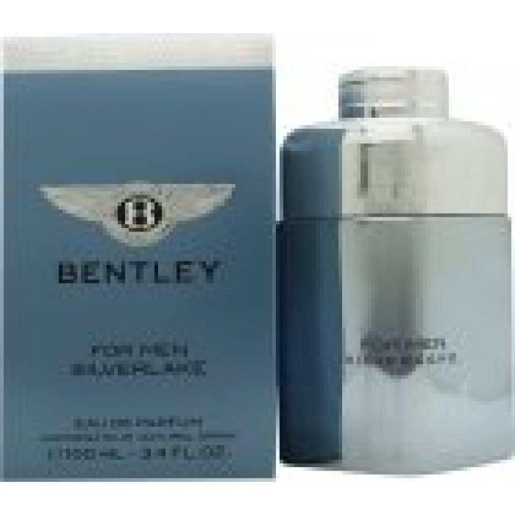 Bentley For Men Silverlake Eau de Parfum Spray. Flacone e confezione argento e blu. Logo e testo sulla confezione.
