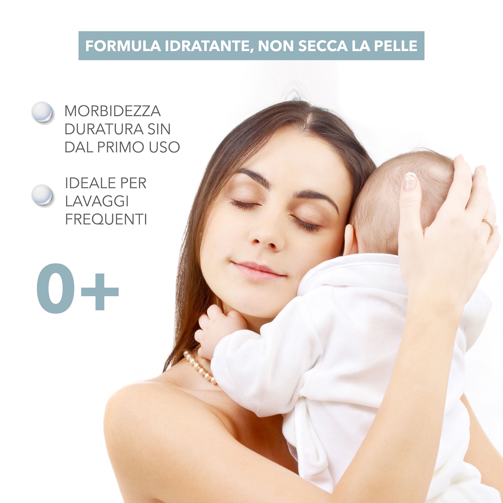 Madre che tiene il bambino. Testo: Kikido, 0+. Grafici: Morbidezza duratura, Ideale per lavaggi frequenti.