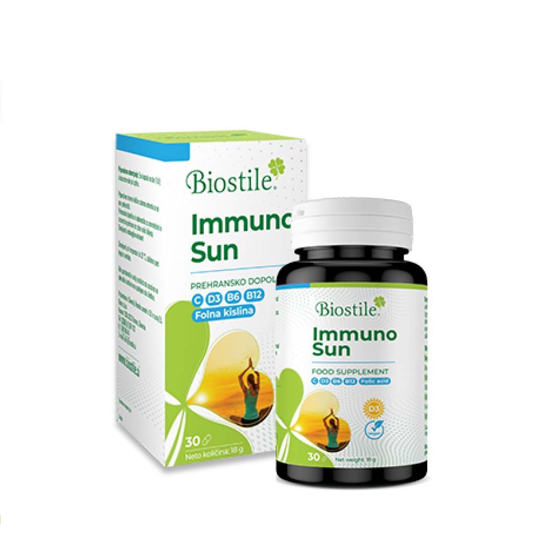 Confezione e flacone del prodotto. Testo: Immuno Sun. 30 capsule. Vegano.
