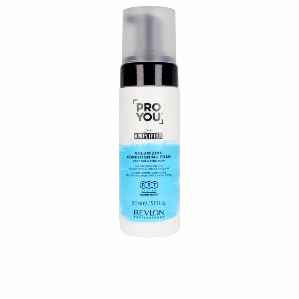 Flacone bianco con etichetta nera e blu. Scritta: PRO YOU THE AMPLIFIER, Volumizing Conditioning Foam. 165ml.