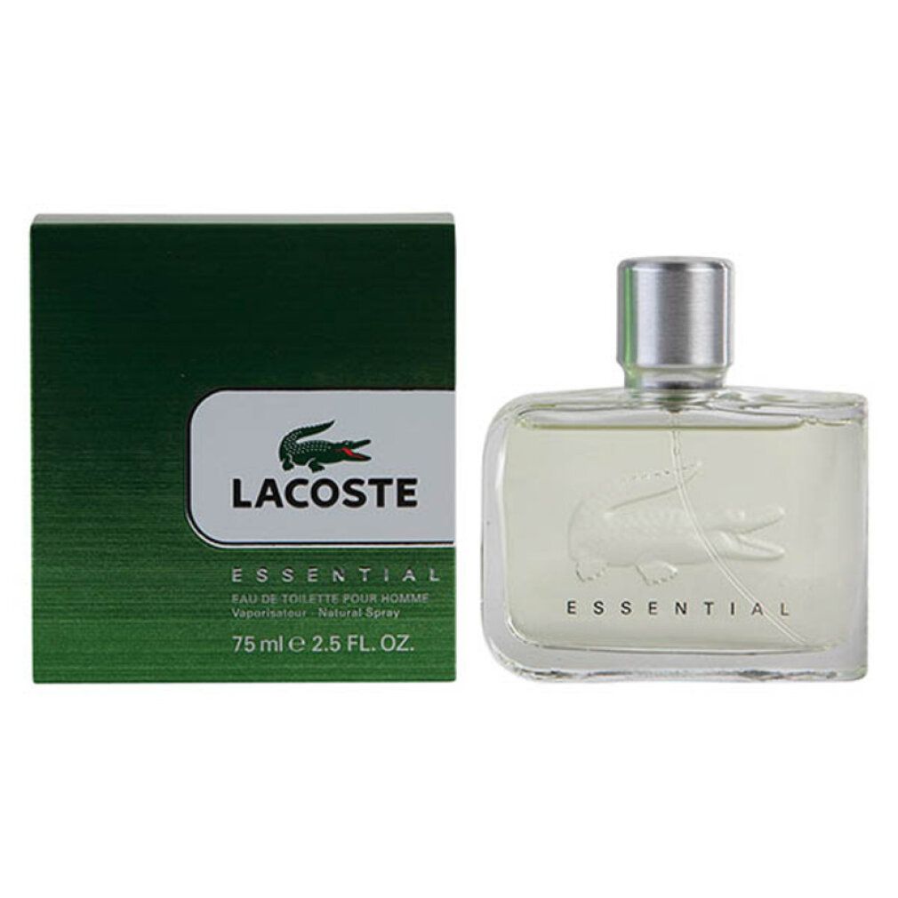 Confezione verde e flacone in vetro. Logo "LACOSTE" e "ESSENTIAL". Flacone con tappo argentato. 75 ml.