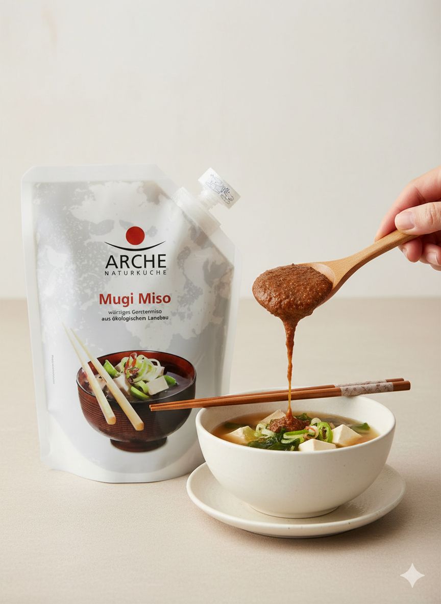 Arche Mugi Miso in una busta stand-up, accanto a una ciotola di zuppa miso con bacchette.