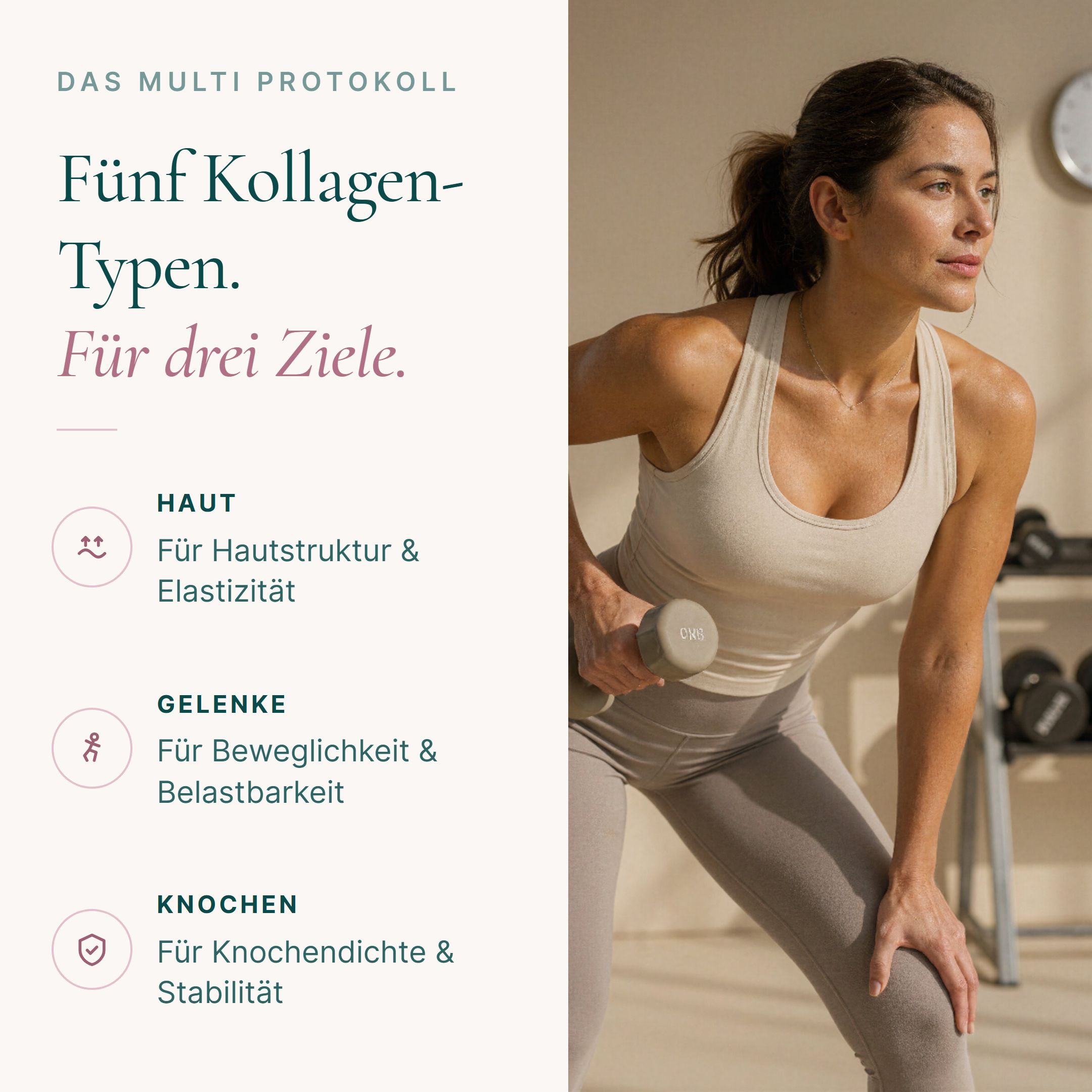 Donna che fa sport con manubrio. Testo: Cinque tipi di collagene per tre obiettivi: pelle, articolazioni, ossa.