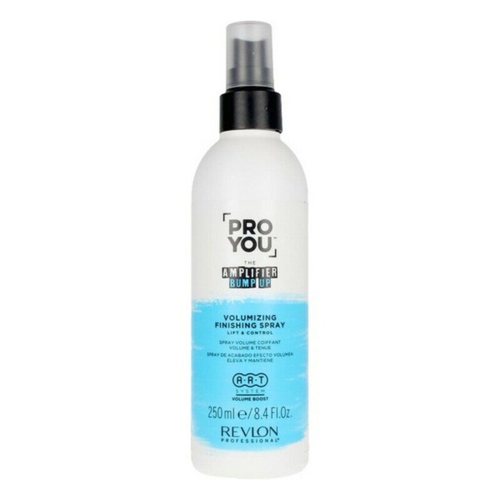 Flacone spray per capelli bianco con etichetta blu. Contiene testo: PRO YOU, THE AMPLIFIER BUMP UP, VOLUMIZING FINISHING SPRAY, REVLON PROFESSIONAL.