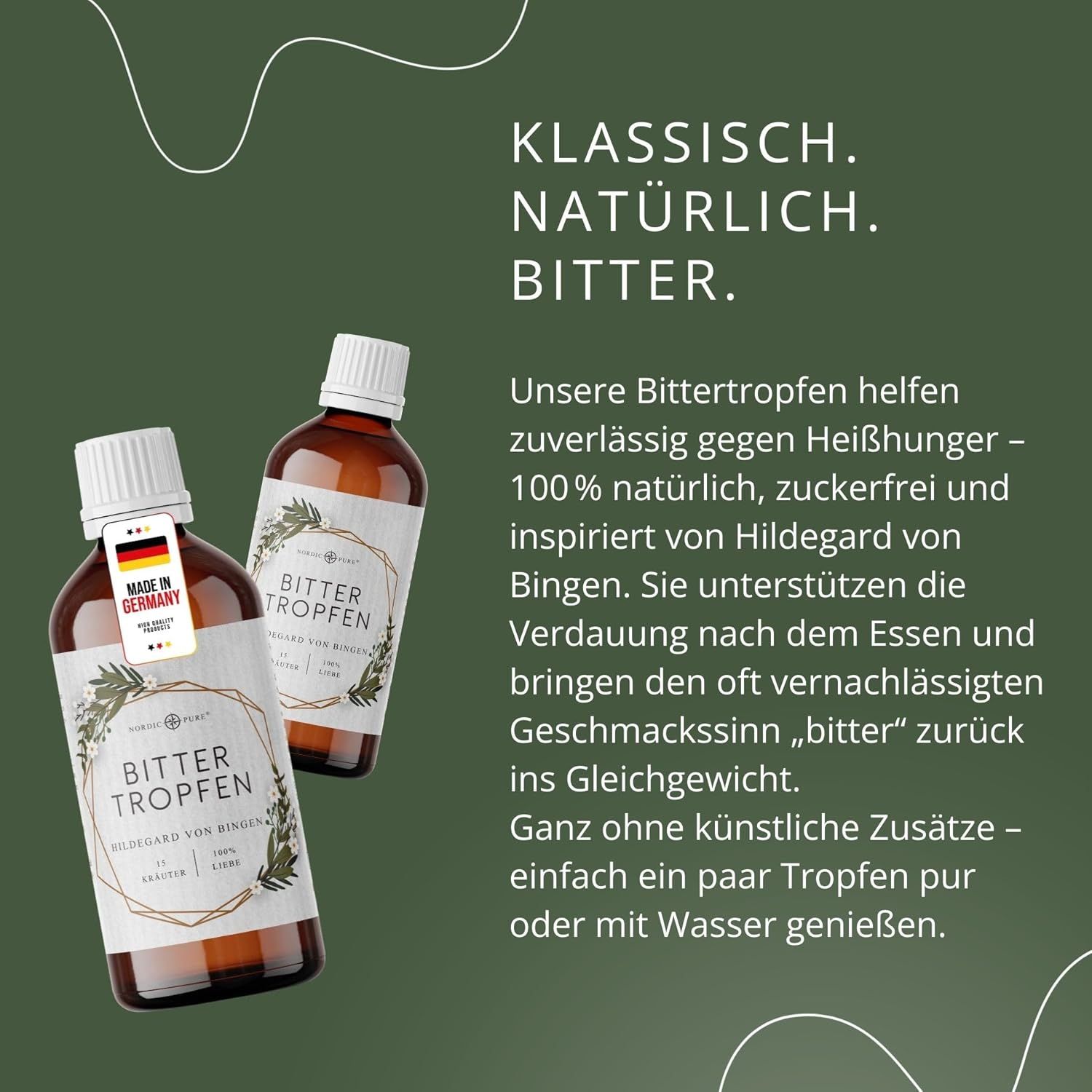 Due bottiglie con tappo bianco. Etichetta con nome del prodotto. Testo: Classico. Naturale. Amaro. Made in Germany.