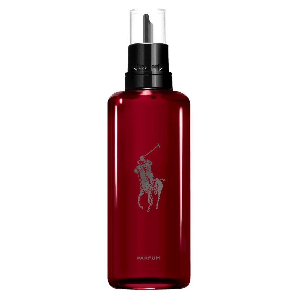 Flacone rosso con vaporizzatore nero. Logo di un giocatore di polo. Scritta: PARFUM.