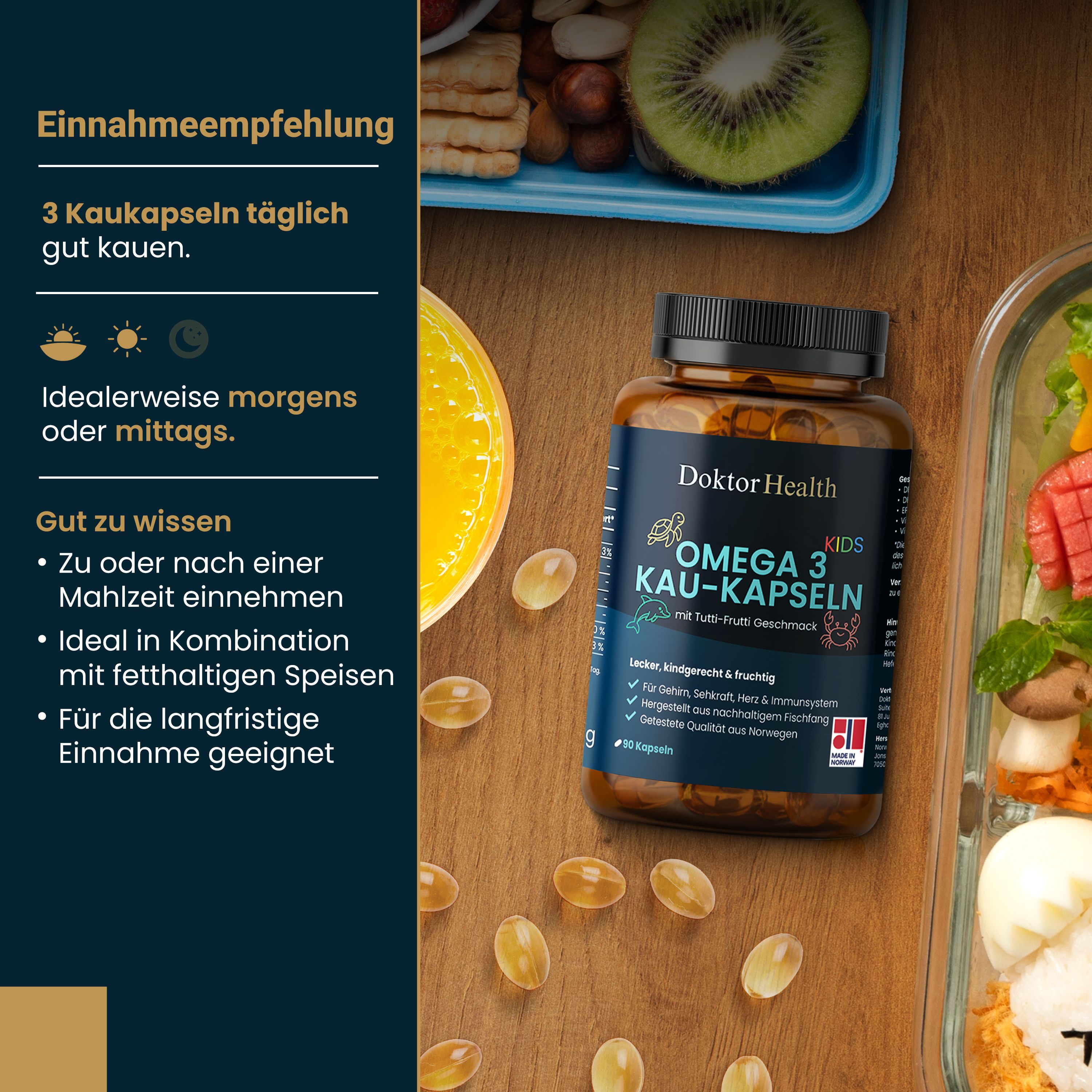 Flacone di capsule masticabili Omega 3 accanto a snack e frutta. Testo: Raccomandazione di assunzione: 3 capsule al giorno. Ideale al mattino o a mezzogiorno.