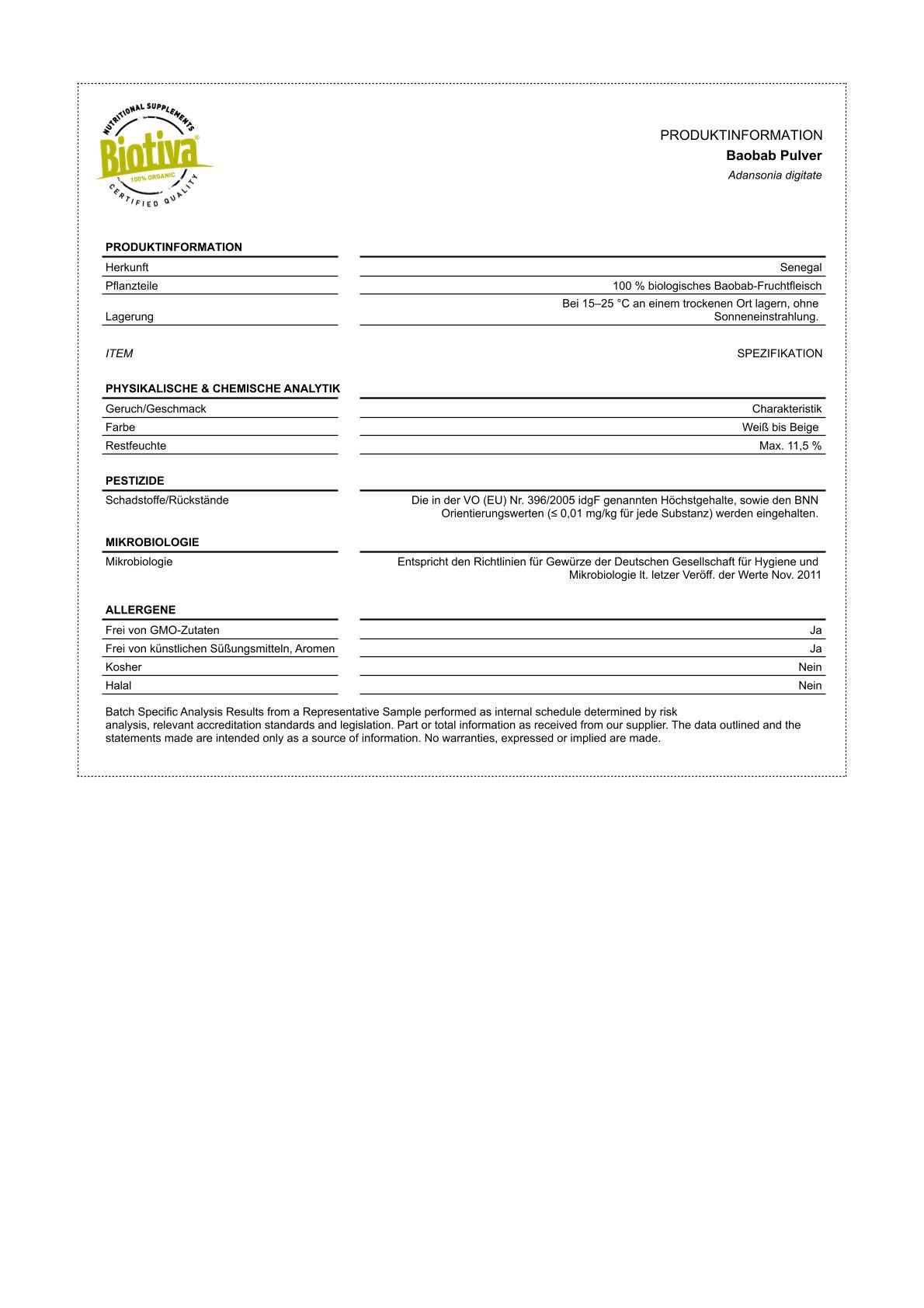 Scheda informativa del prodotto con dettagli sulla polvere di baobab Biotiva. Contiene informazioni su ingredienti, analisi e certificazioni.