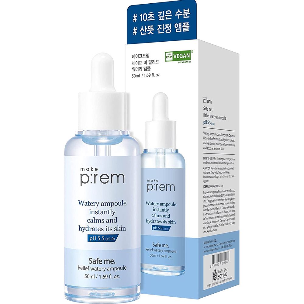 Due flaconi di siero con contagocce bianco. Scritta: make p:rem, Watery ampoule, pH 5.5. Confezione con testo.