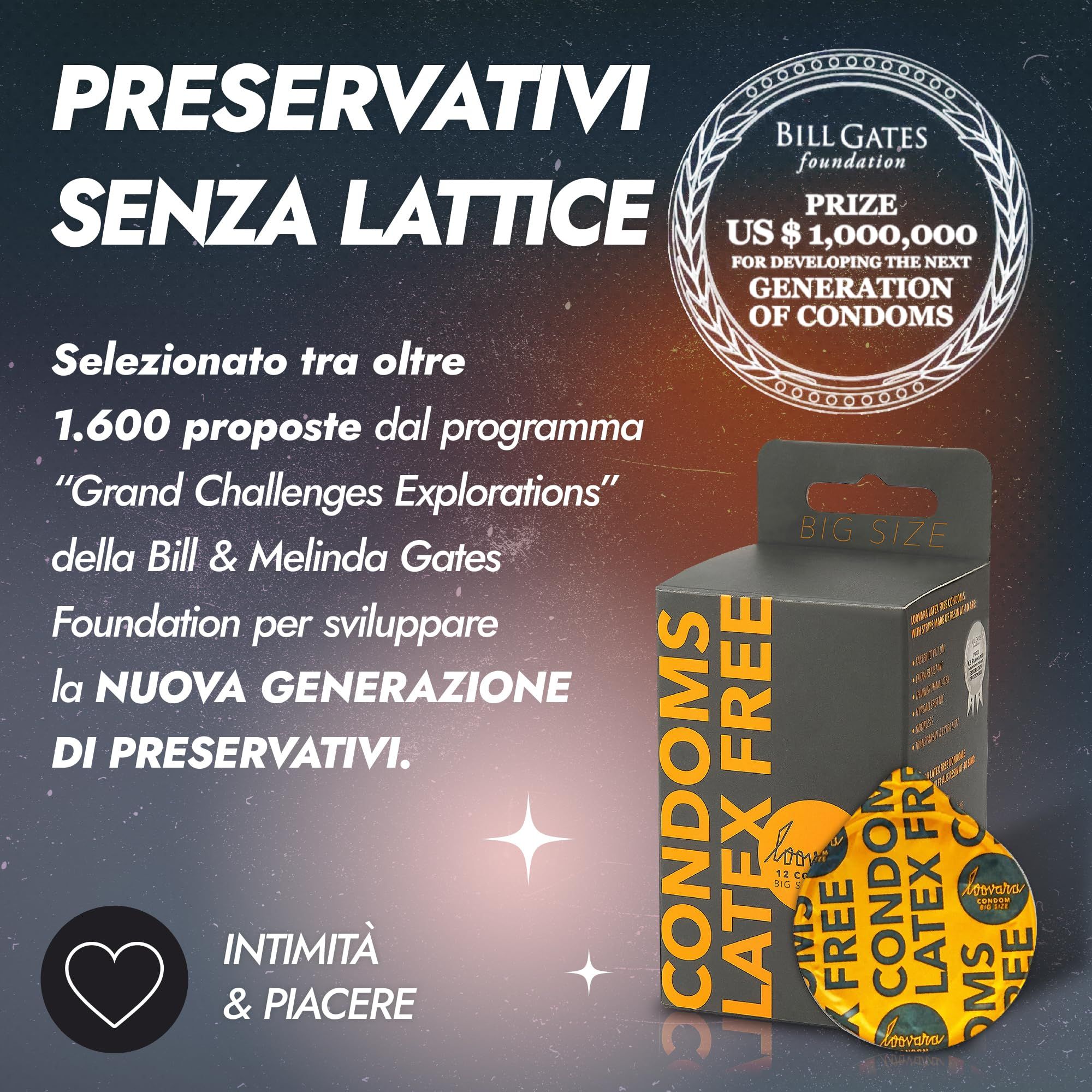 Preservativi Loovara: Senza lattice, selezionati per la nuova generazione di preservativi dalla Bill & Melinda Gates Foundation.