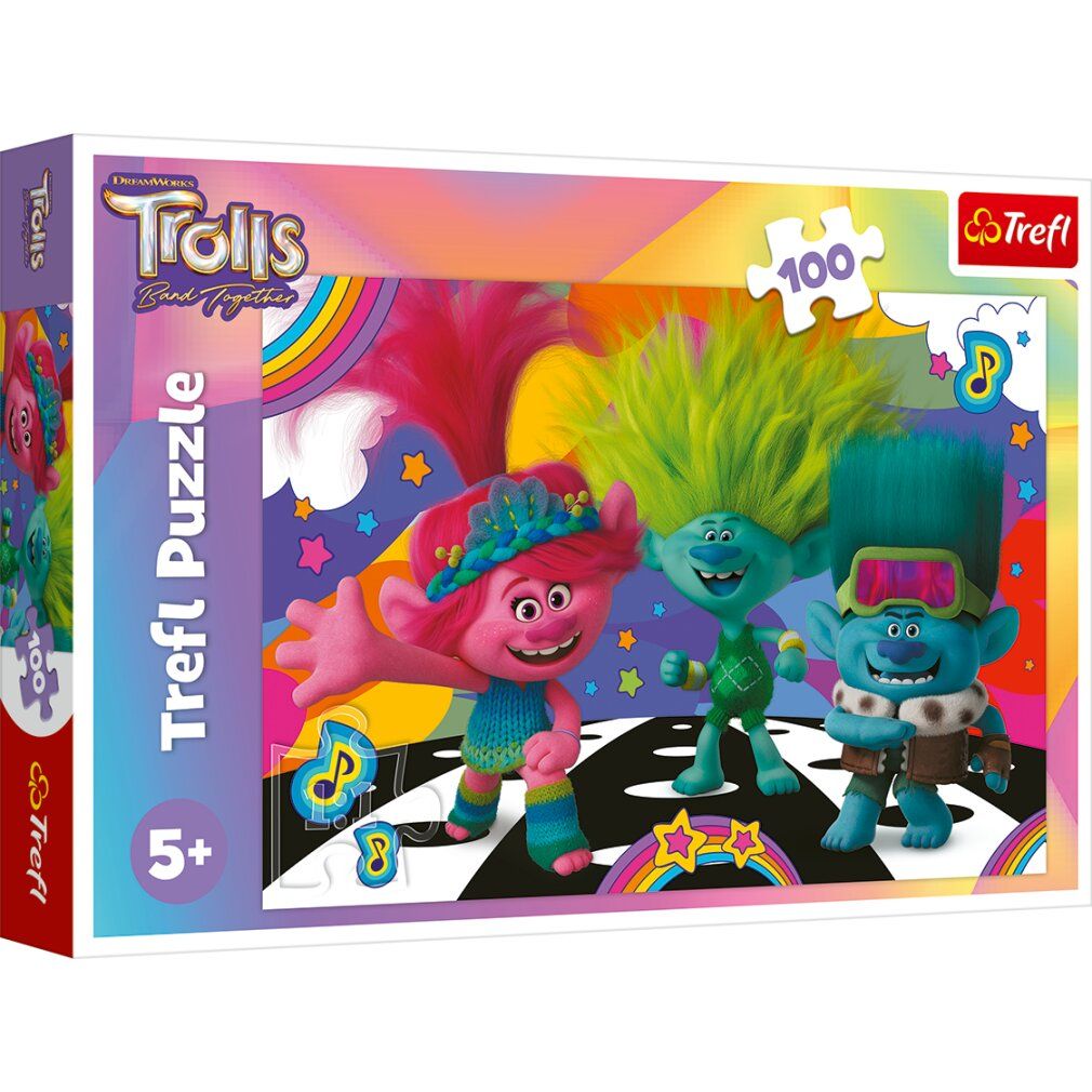 Puzzle Trefl Trolls, 100 pezzi. Confezione con personaggi Trolls. Logo, età consigliata 5+. Pezzi del puzzle con figure colorate.