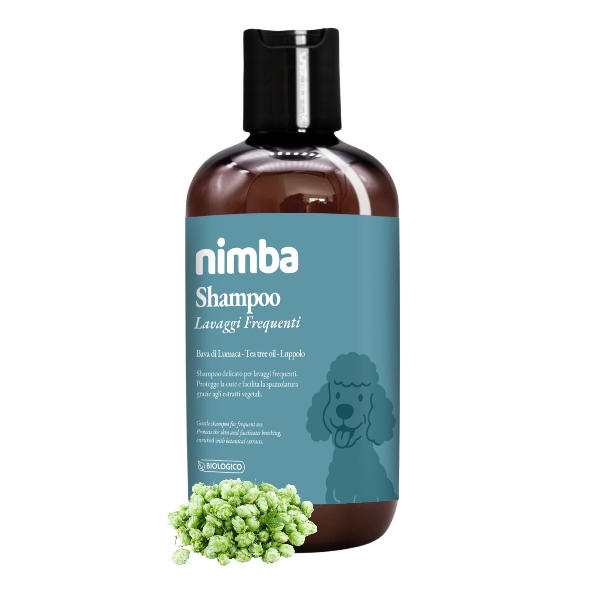 Flacone marrone con tappo nero. Etichetta con nome prodotto, illustrazione cane e piante verdi. Biologico.