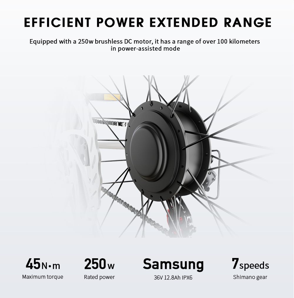 Motore e-bike da 250W, coppia di 45 N.m, batteria Samsung 36V 12.8Ah IPX6. Cambio Shimano a 7 velocità.