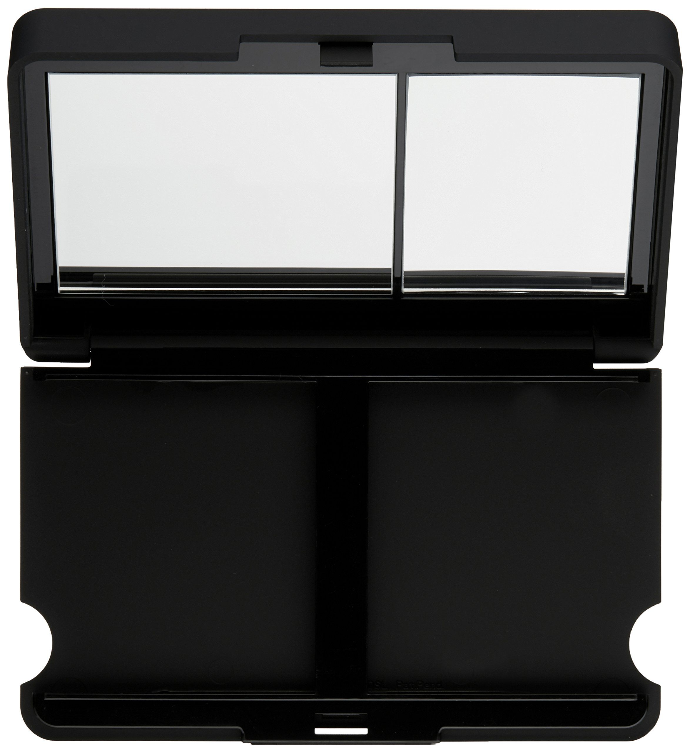 Specchietto compatto nero aperto. Due specchi in alto, due scomparti in basso. Custodia in plastica nera.