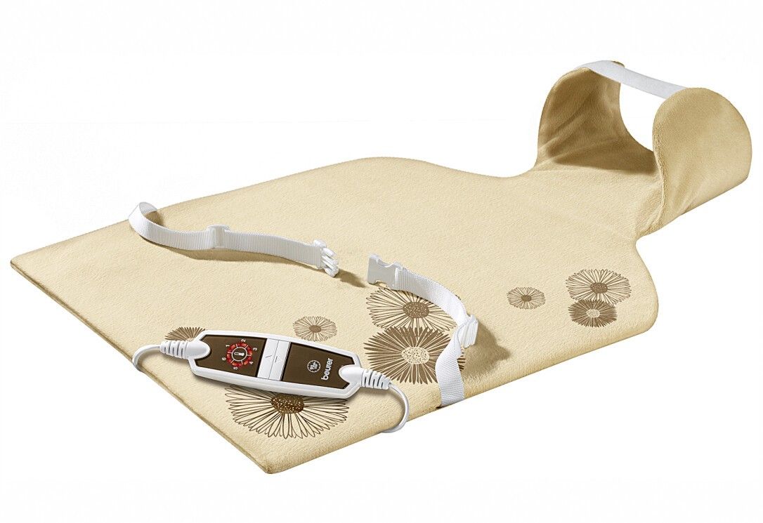 Cuscino riscaldante beige con motivo floreale e controllo. Con cinturino bianco e controllo.